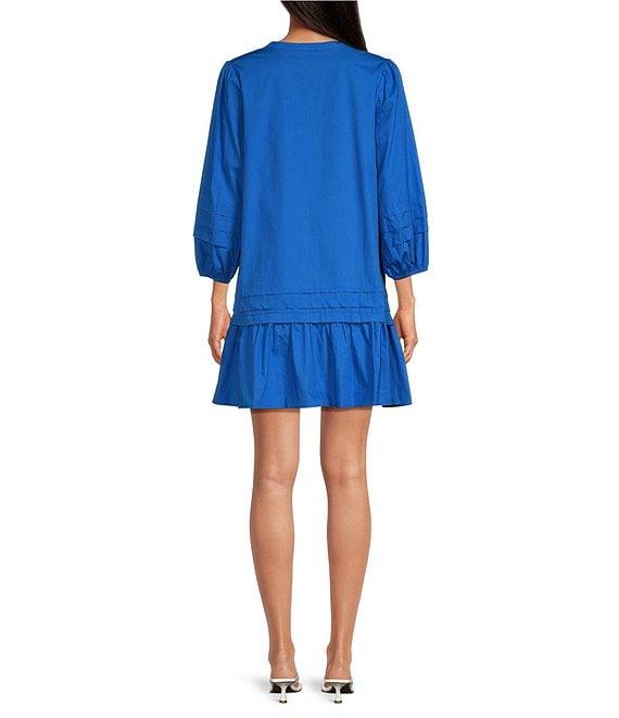 Sugarlips Velma Poplin Split V-Neck 3/4 Sleeve Ruffle Hem Mini Dress Product Image