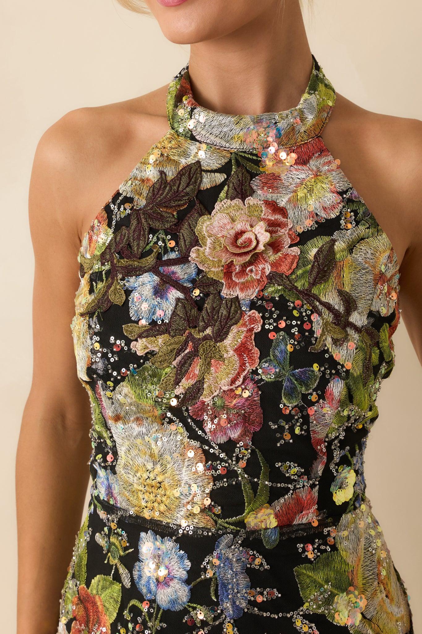 Daring To Bloom Black Multi Floral Sequined Halter Mini Dress L / Black Product Image