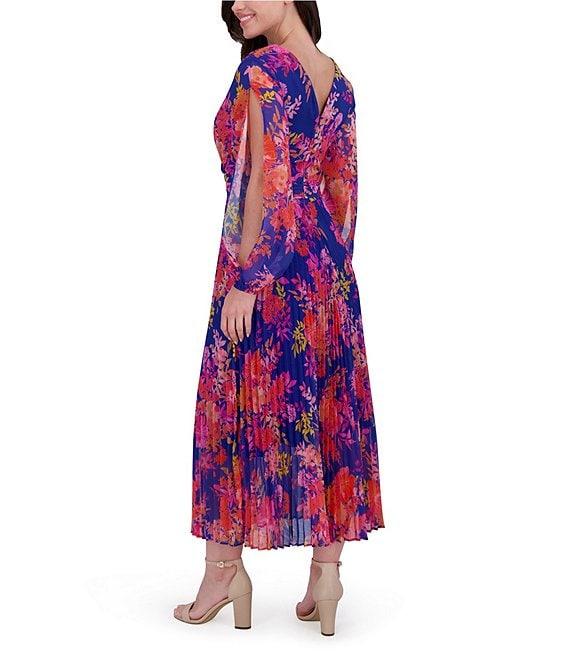 SIENA Chiffon Floral Print Pleated V-Neck Long Cutout Sleeve Maxi Dress Product Image