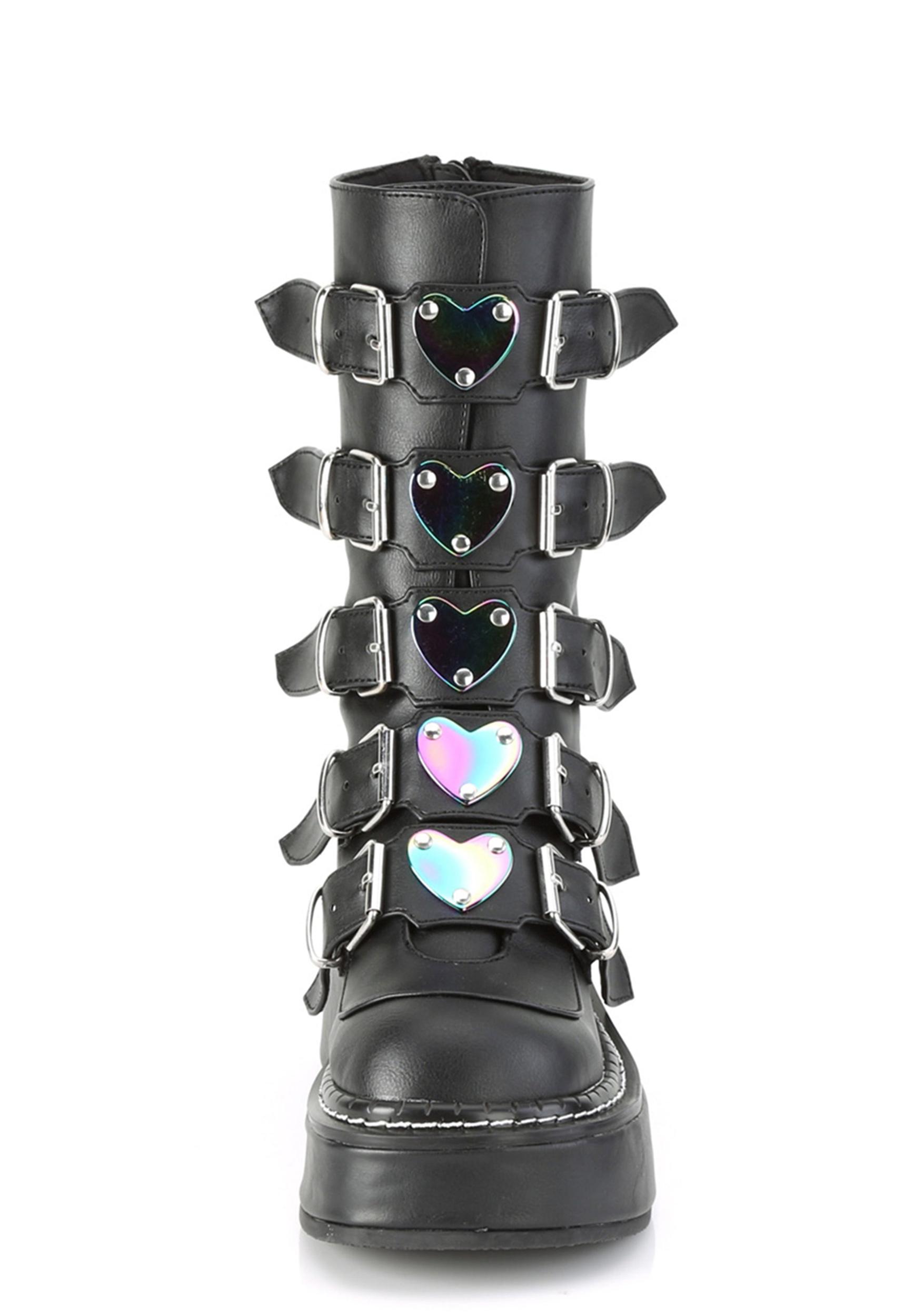 Demonia Matte Leather Oil Slick Iridescent Heart Holographic Buckle Platform Boots Black Product Image