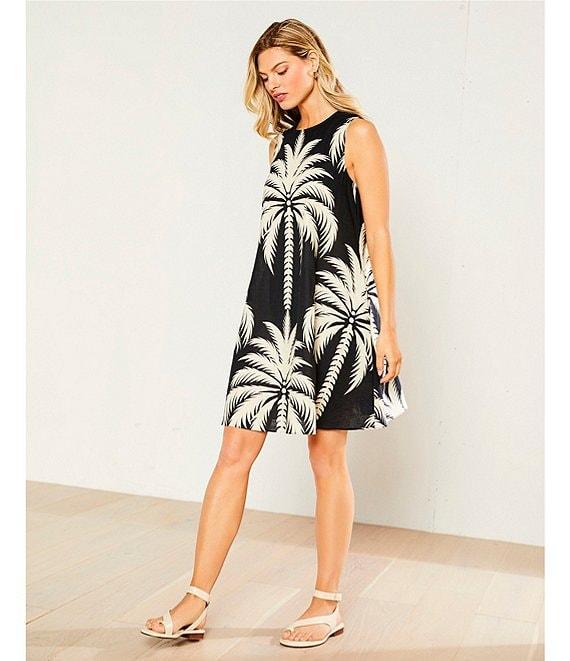 Gibson & Latimer Woven Tropical Palm Print Crew Neck Sleeveless Deep Backline Twist Caftan Dress Product Image