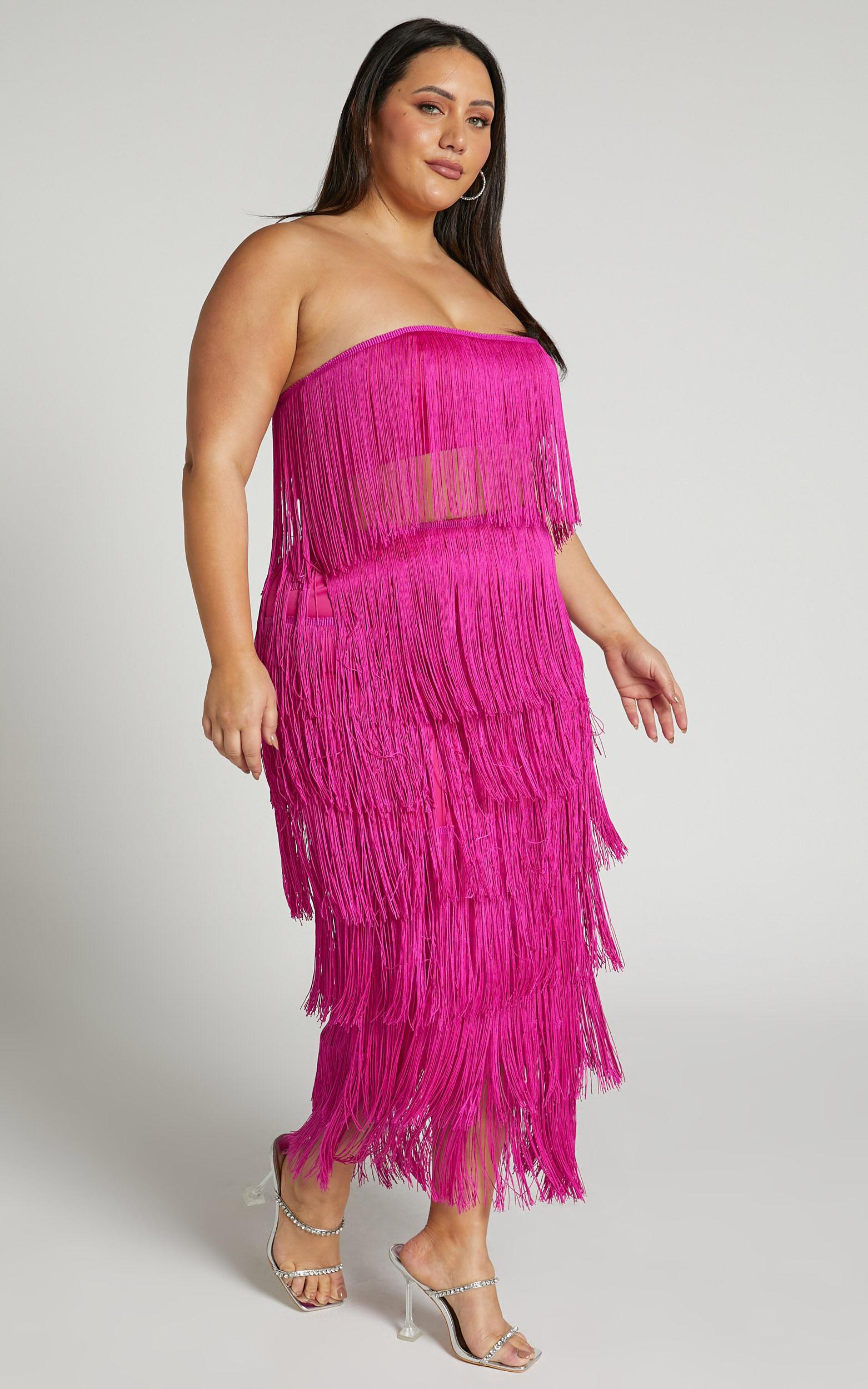Amalee Two Piece Set - Fringe Strapless Crop Top and Midi Skirt Set in Pink Product Image
