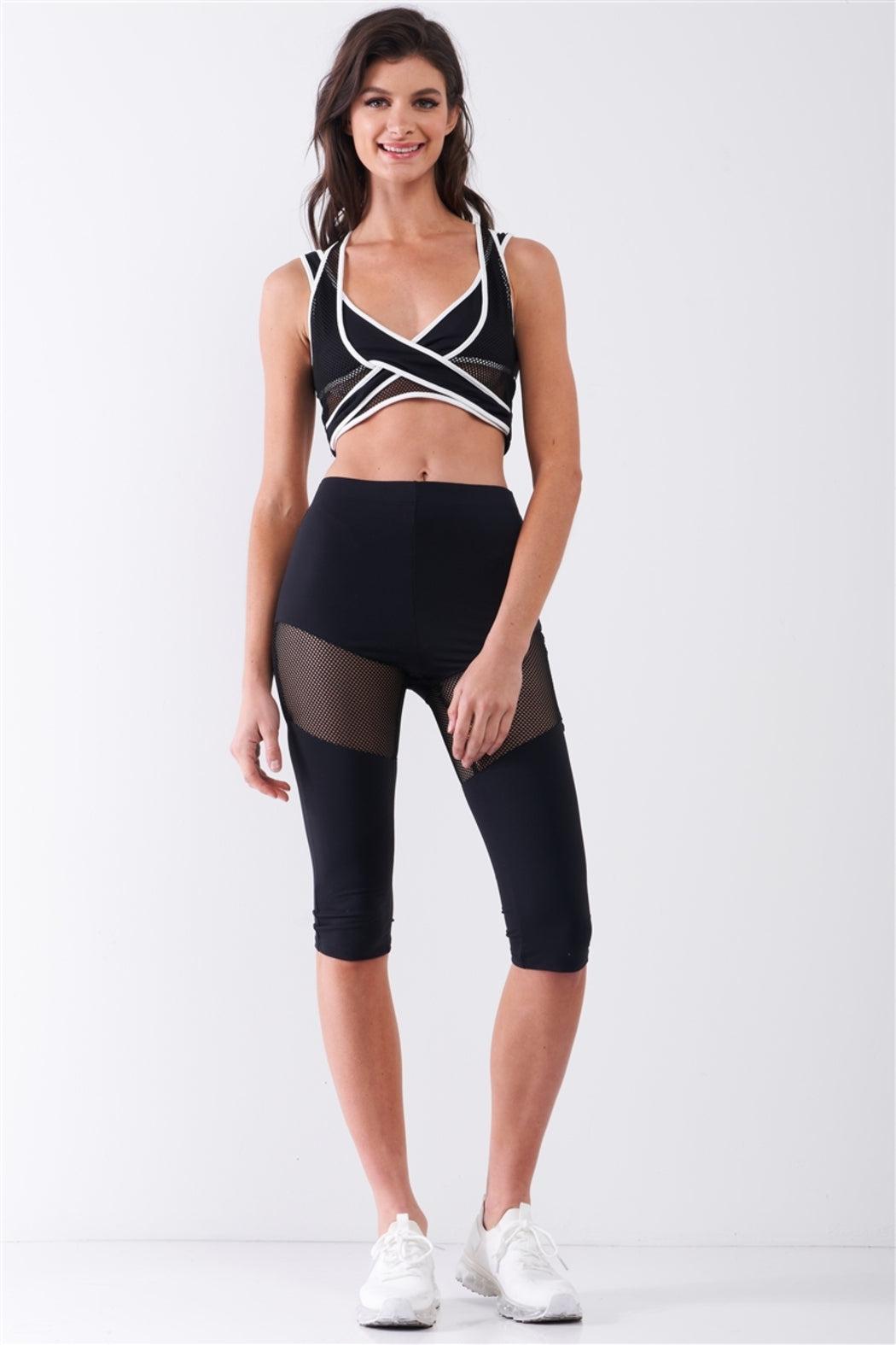 Black High Waist Sheer Mesh Sports Midi Legging Pants Product Image