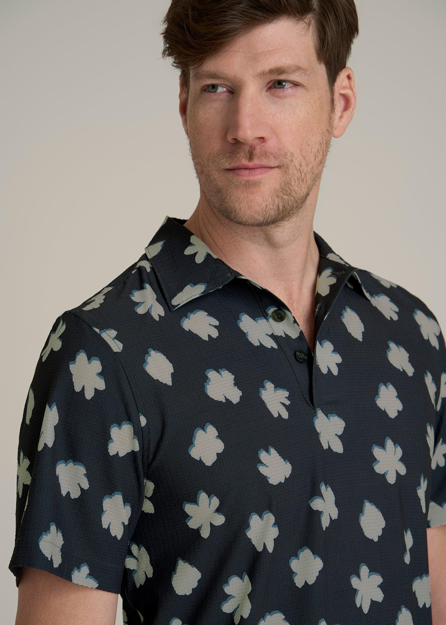 Coastal Perforated Polo Shirt for Tall Men in Navy and Bone Floral Male Product Image