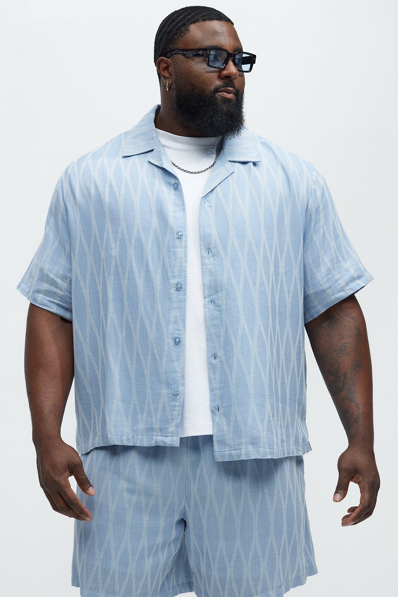Waved Lines Cuban Collar Button Up Shirt - Blue/combo Product Image