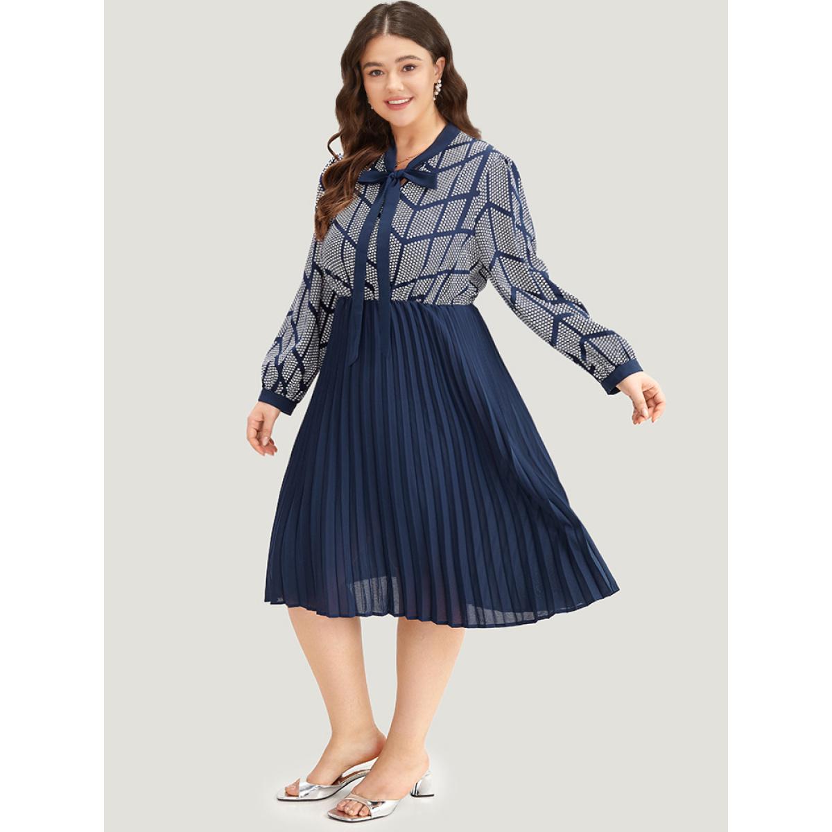 Plus Size Contrast Patchwork Ties Pleated Dress Indigo Women Office Printed Tie Neck Long Sleeve Curvy Midi Dress BloomChic 30/6X Product Image