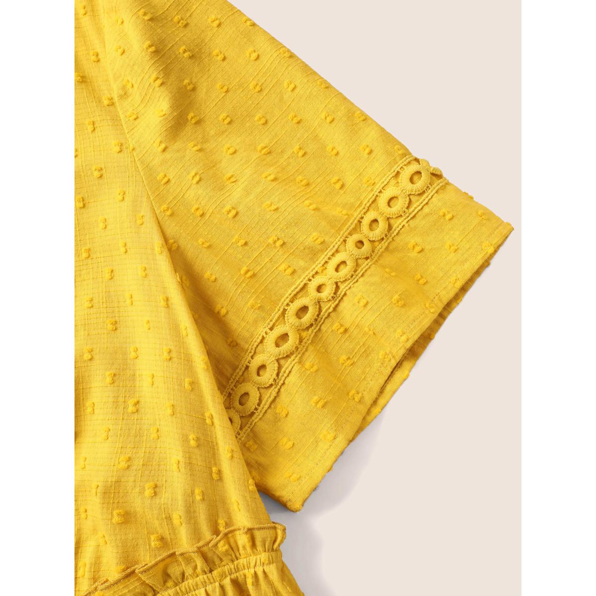 Plus Size Yellow Solid Woven Ribbon Frill Trim Gathered Blouse Women Resort Short sleeve V-neck Vacation Blouses BloomChic 22-24/3X Product Image