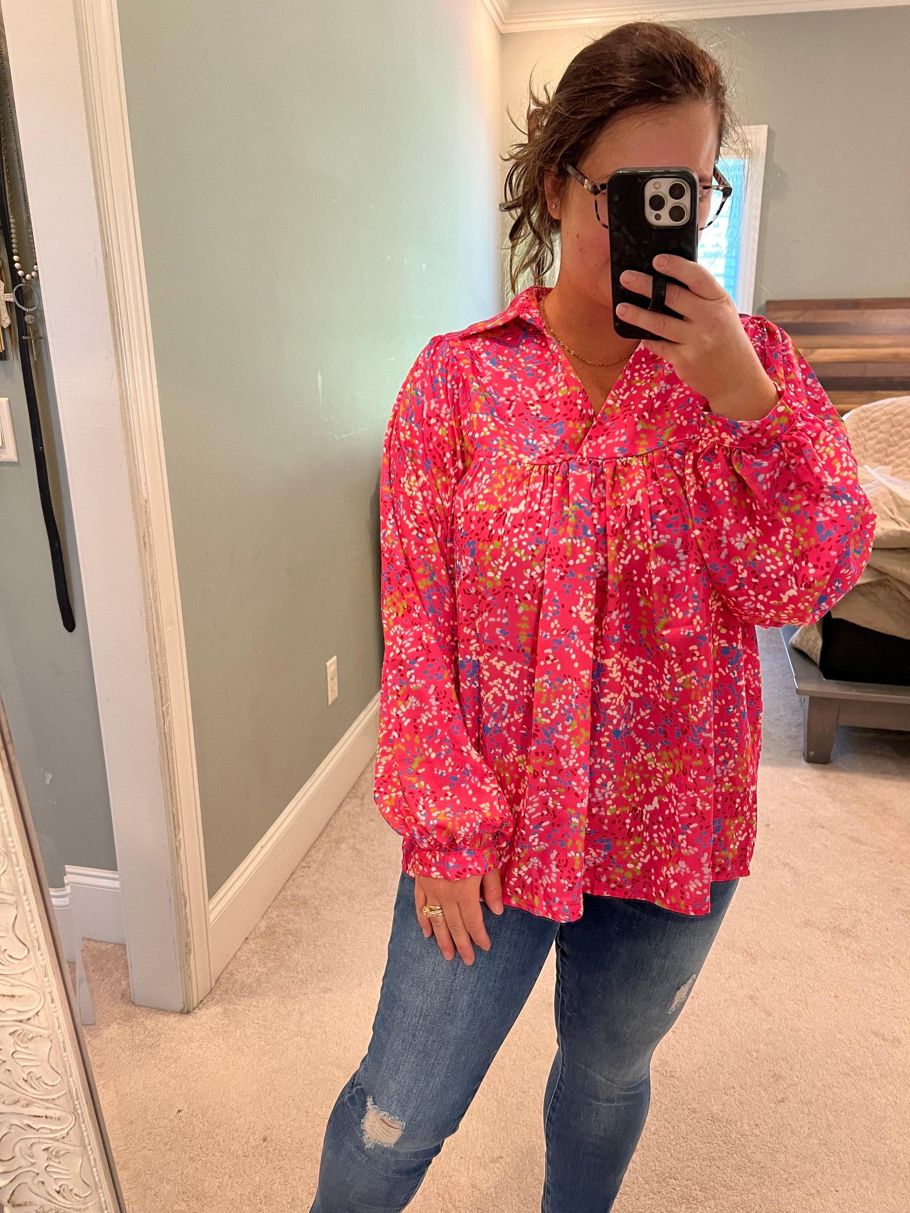 Abstract V-Neck Babydoll Blouse: Orange Product Image