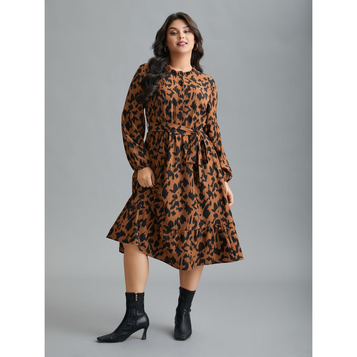 Plus Size Leopard Print Stretchy Waist Belted Dress Yellowishbrown Women Elegant Belted Stand-up collar Long Sleeve Curvy BloomChic 12/L Product Image