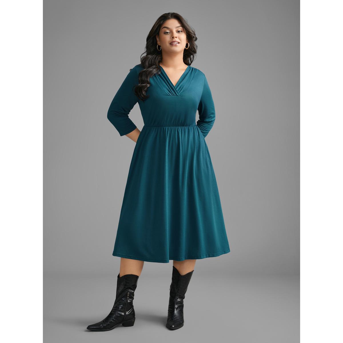 Plus Size V Neck Gathered Midi Knit Dress Aegean Women Casual Gathered Knit Dresses Bloomchic 28/5X Product Image