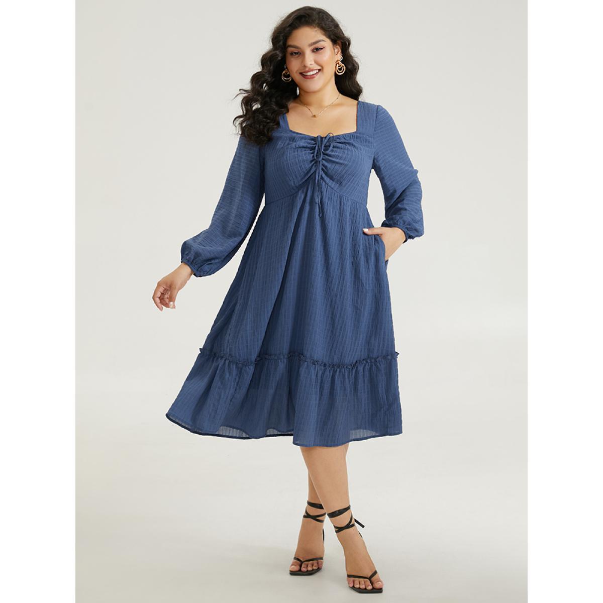 Plus Size Solid Plisse Ties Frill Trim Ruched Dress Cerulean Women Elegant Elastic cuffs Tie Neck Long Sleeve Curvy Midi Dress BloomChic 26/4X Product Image