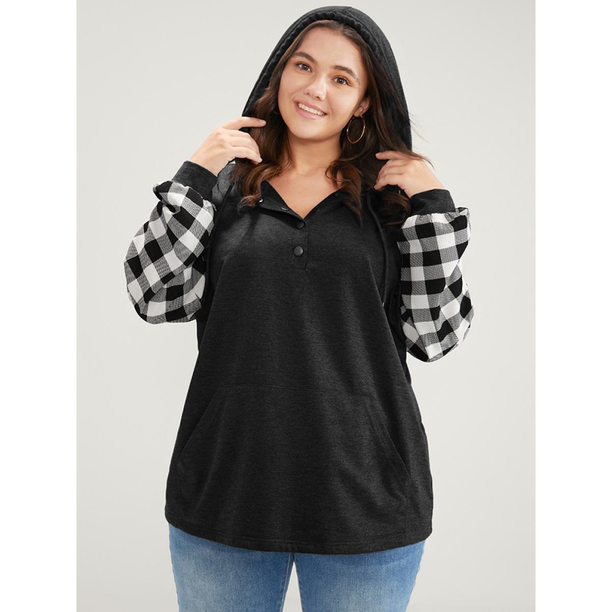 Plus Size Gingham Pocket Button Up Hooded Sweatshirt Women Black Casual Contrast Hooded Dailywear Sweatshirts BloomChic 22-24/3X Product Image