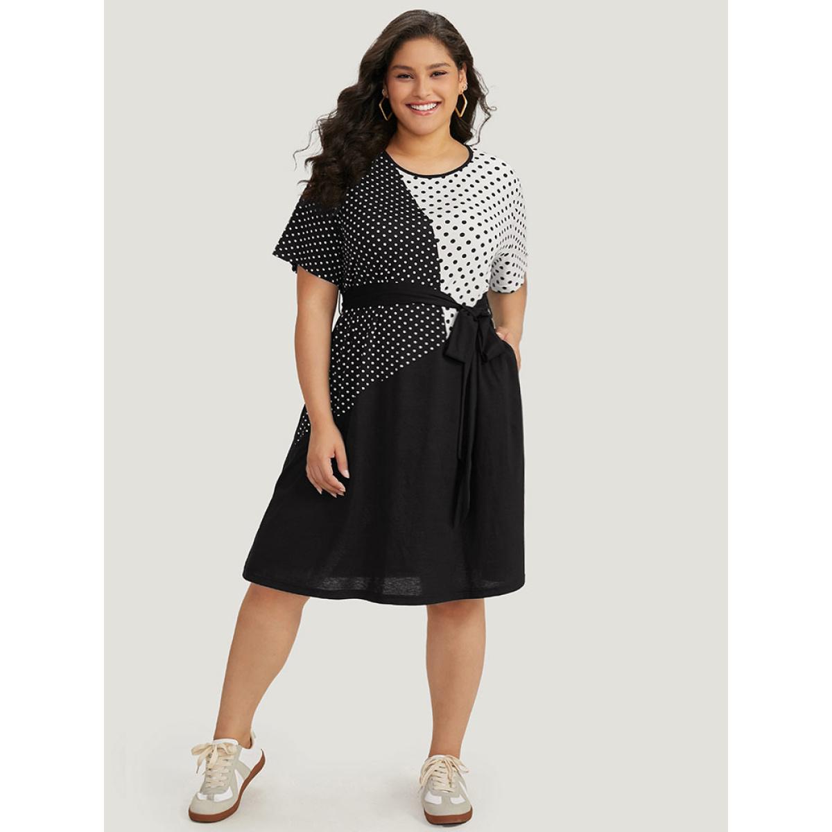 Plus Size Supersoft Essentials Polka Dot Pocket Patchwork Belted Dress Black Women Casual Belted Round Neck Short sleeve Curvy Midi Dress BloomChic 14-16/1X Product Image