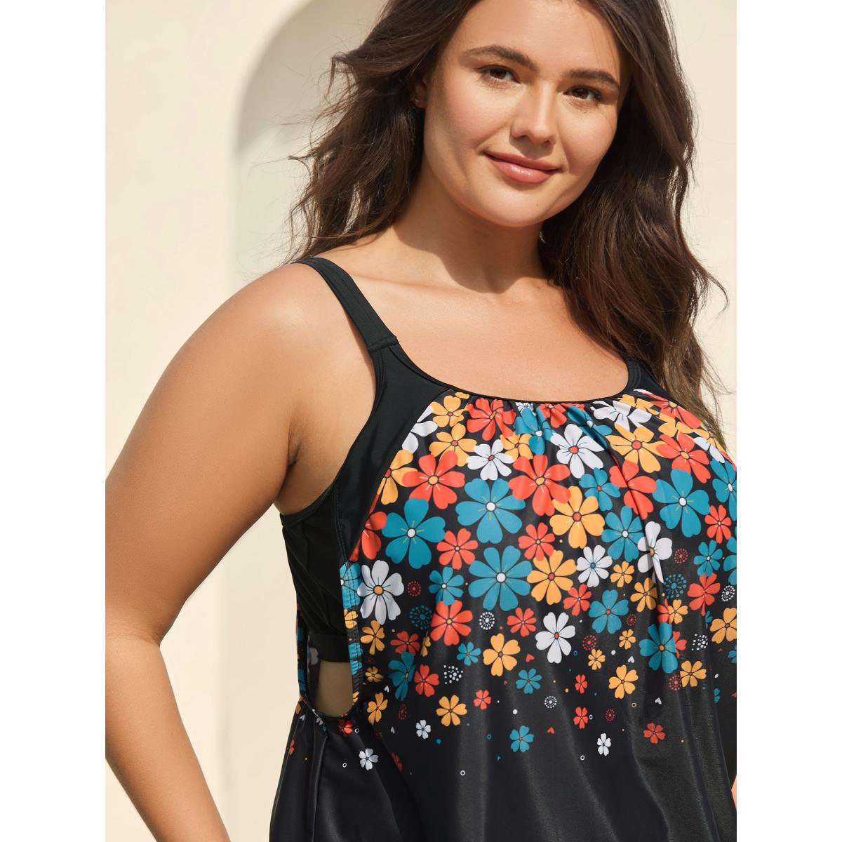 Plus Size Floral Print Cut-Out Swim Top Women's Swimwear Black Beach Patchwork High stretch Bodycon U-neck Curve Swim Tops BloomChic 14-16/1X Product Image