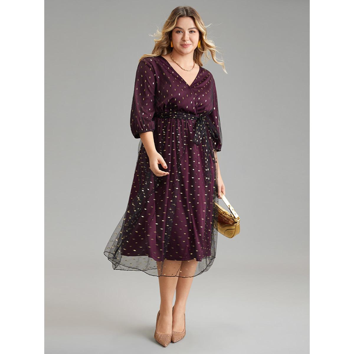 Plus Size Geometric Tiered Mesh Belted Wrap Dress RedViolet Women Glamour Elastic cuffs Overlap Collar Elbow-length sleeve Curvy Midi Dress BloomChic 14-16/1X Product Image