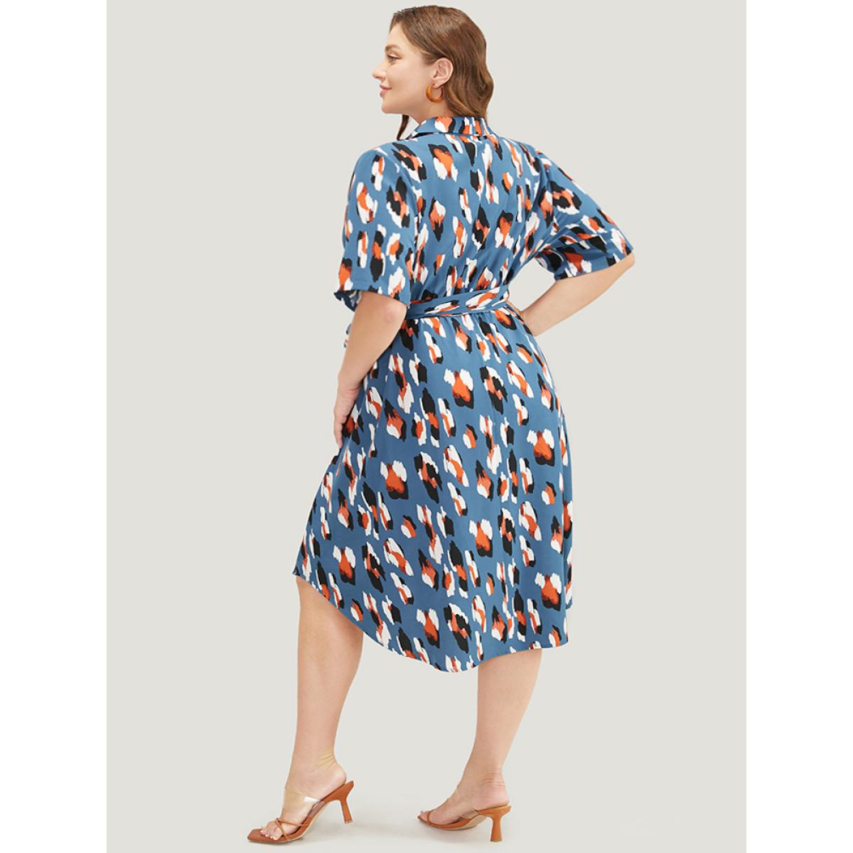 Plus Size Allover Print Button Detail Pocket Belted Arc Hem Dress Stone Women Office Cross straps Shirt collar Short sleeve Curvy Midi Dress BloomChic 10/M Product Image