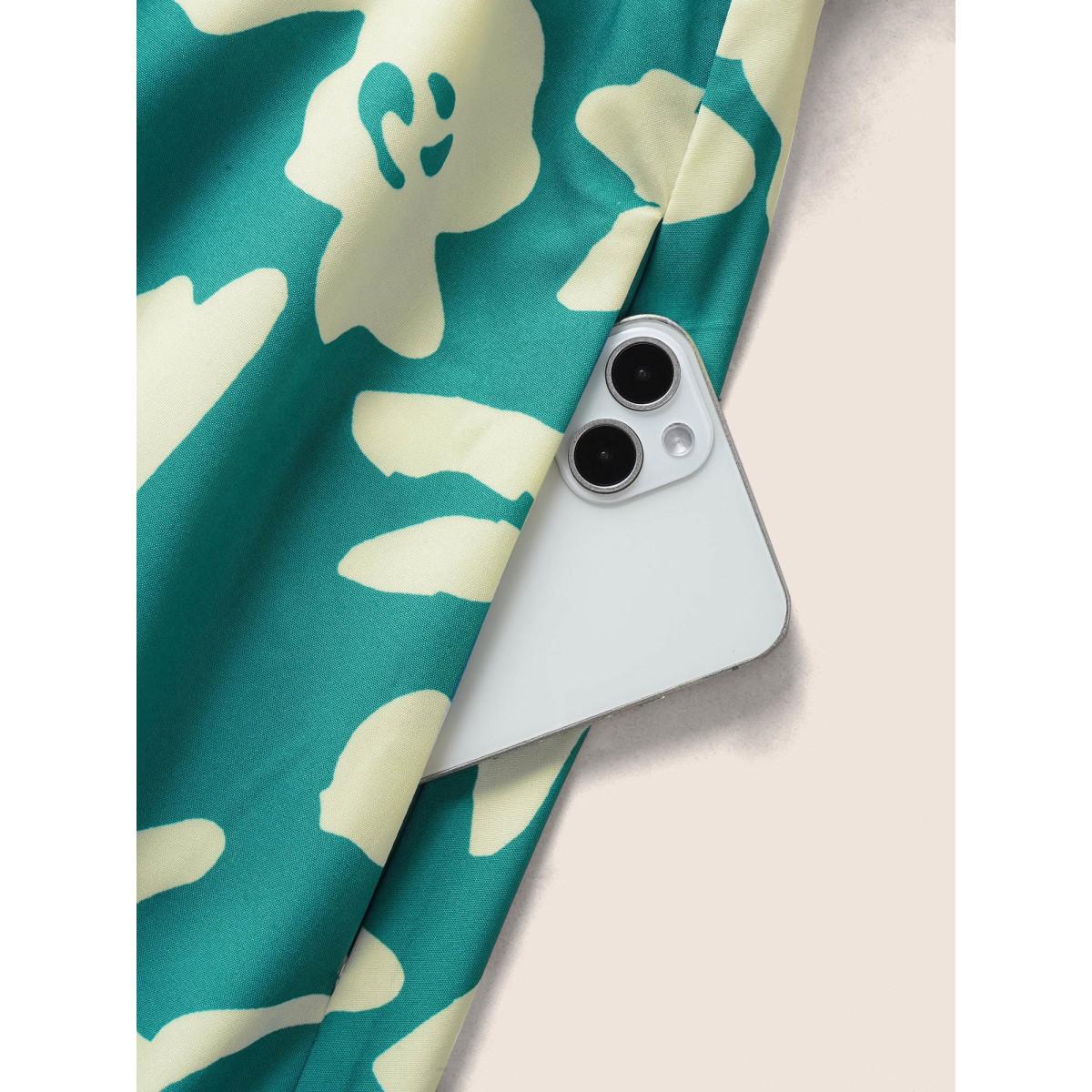 Plus Size Silhouette Floral Print Shirred Flutter Sleeve Dress Teal Women Elegant Gathered V-neck Short sleeve Curvy BloomChic 12/L Product Image