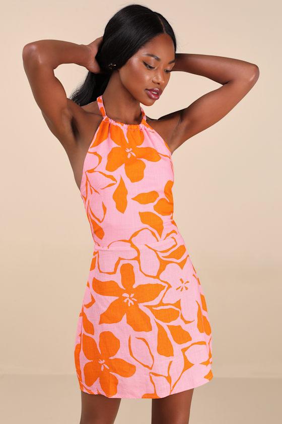 Bora Bora Pink and Orange Floral Linen Halter Mini Dress Product Image