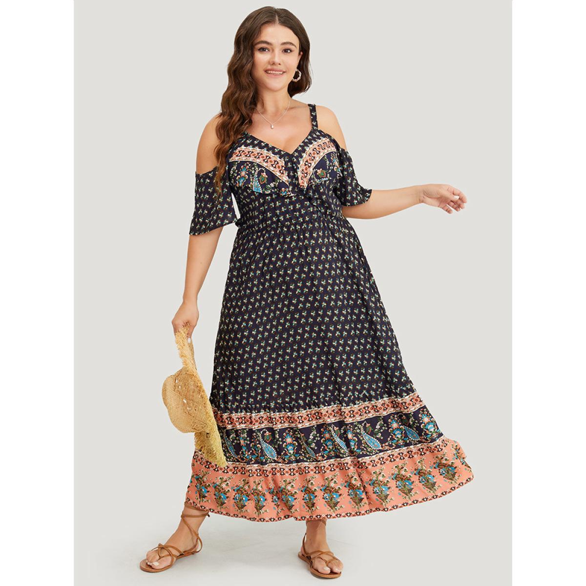 Plus Size Bandana Print Pocket Ruffle Trim Cold Shoulder Maxi Dress Indigo Women Vacation Adjustable Straps V-neck Short sleeve Curvy Maxi Dress BloomChic 12/L Product Image