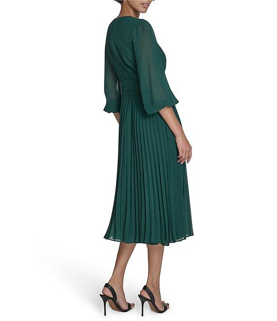 Jessica Howard Petite Size Chiffon Round Neck 3/4 Balloon Sleeve Pleated Midi Dress Product Image