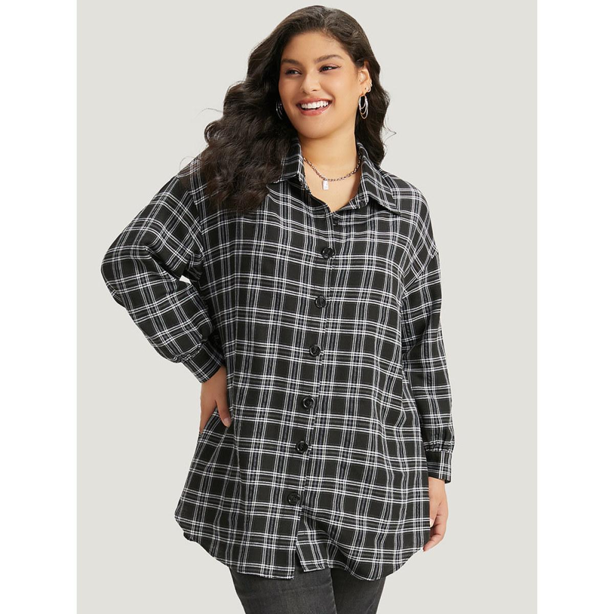 Plus Size Plaid Button Fly Curved Hem Shirt Collar Coat Women Black Casual Arc Hem Ladies Dailywear Winter Coats BloomChic 18-20/2X Product Image
