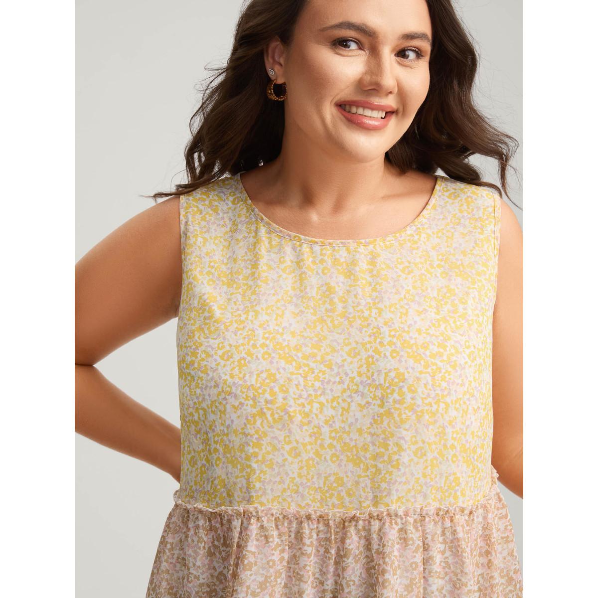 Plus Size Chiffon Color Block Tiered Tank Top Women Multicolor Timeless Gathered Round Neck Elegant Tank Tops Camis BloomChic 26/4X Product Image