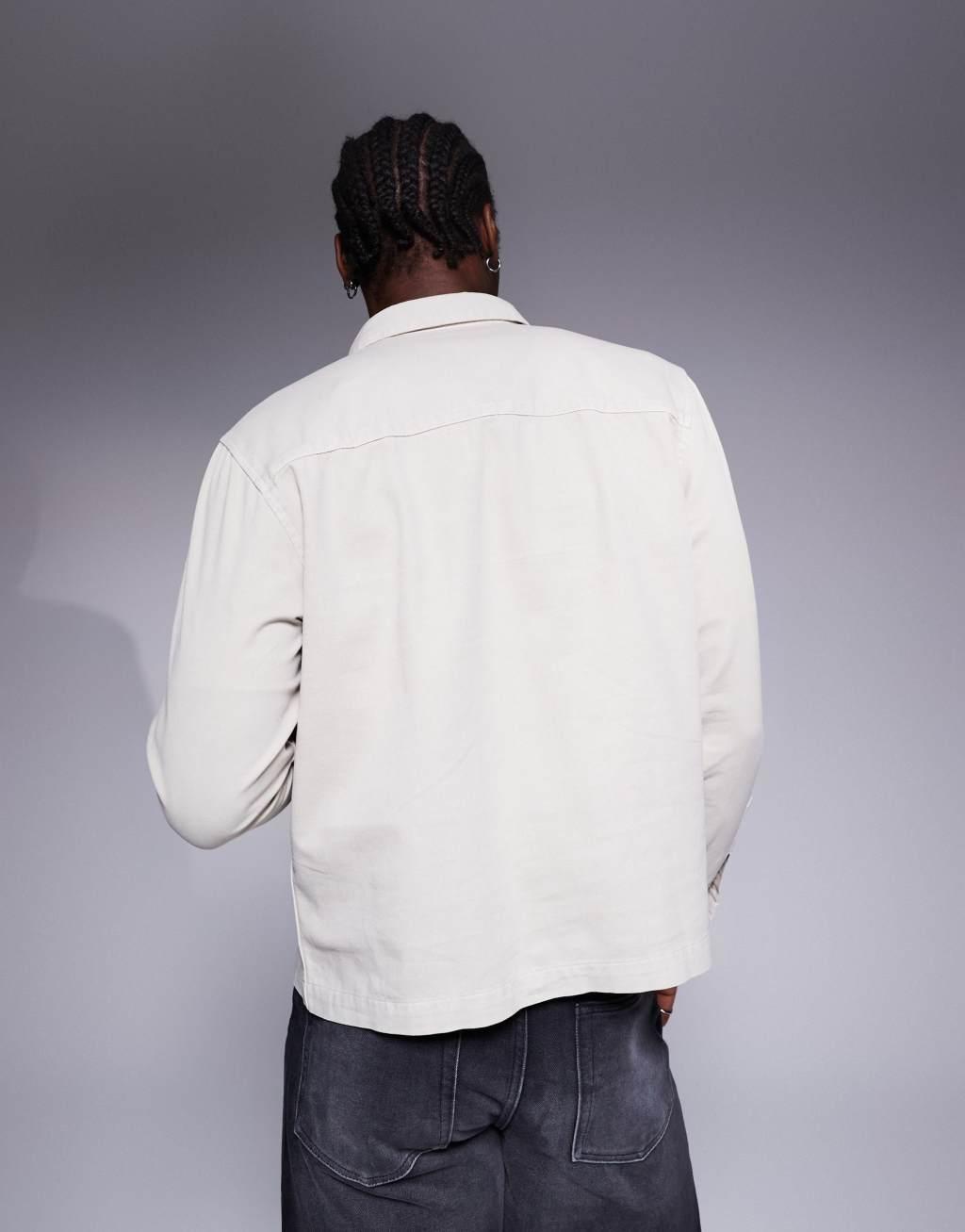 ASOS DESIGN boxy overshirt with badge in stone Product Image