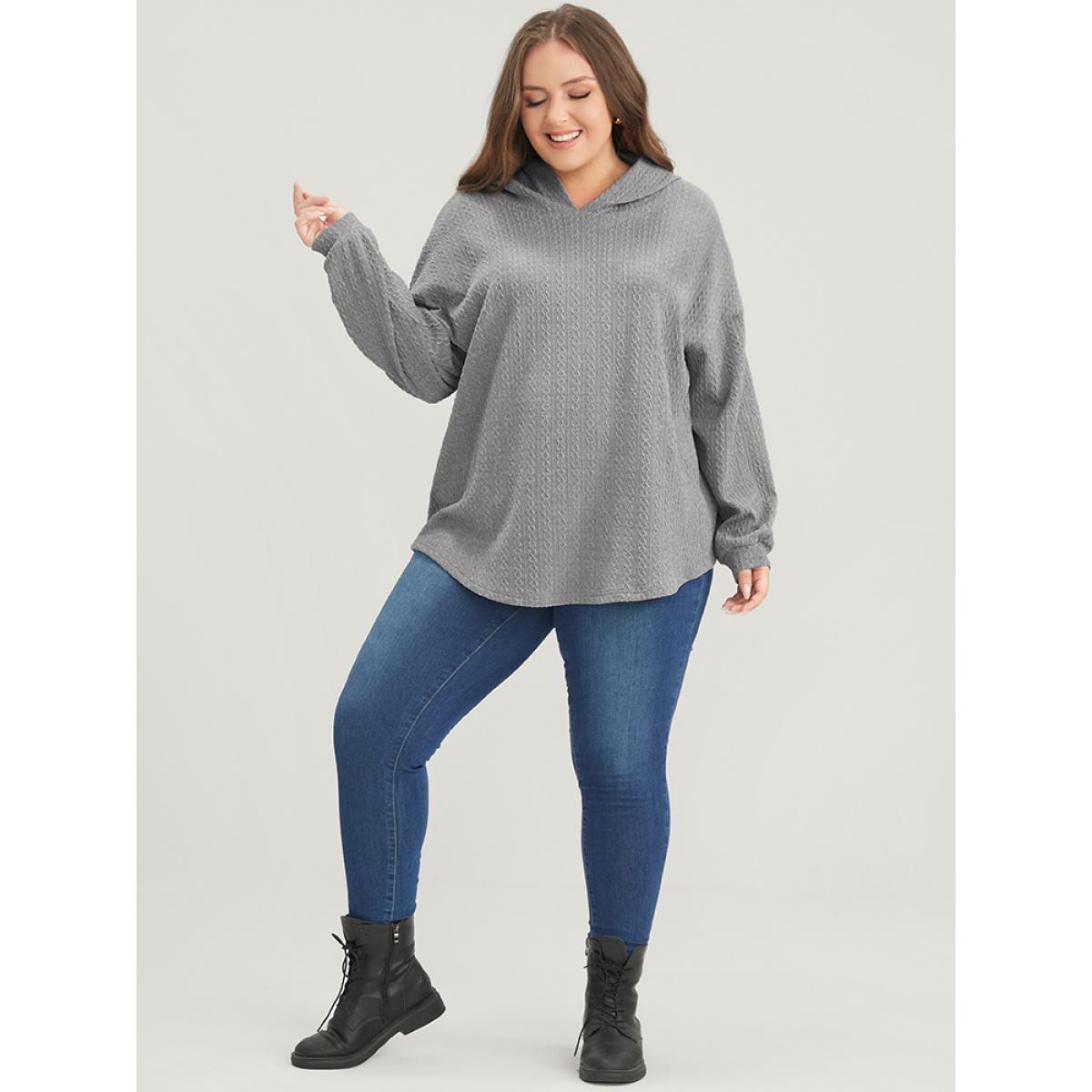 Plus Size Solid Drop Shoulder Textured Hooded Sweatshirt Women DarkGray Casual Plain Hooded Dailywear Sweatshirts BloomChic 22-24/3X Product Image