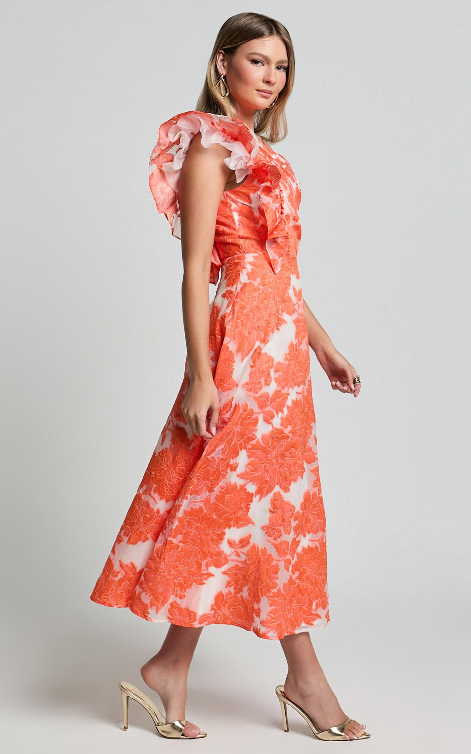 Alfreda Midi Dress - One Shoulder Ruffle Detail Brailey Jacquard Dress in Orange Jacquard Product Image