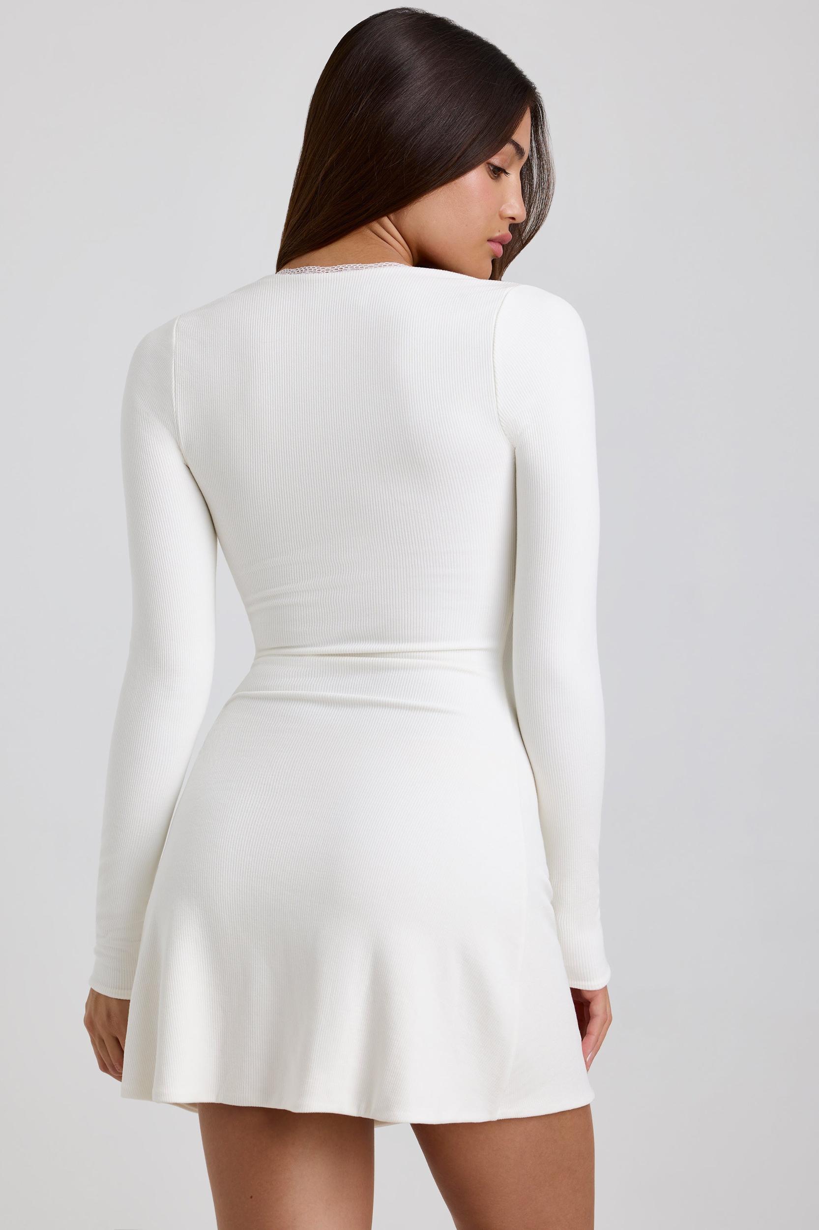 Ribbed Modal Lace-Trim Mini Dress in White Product Image