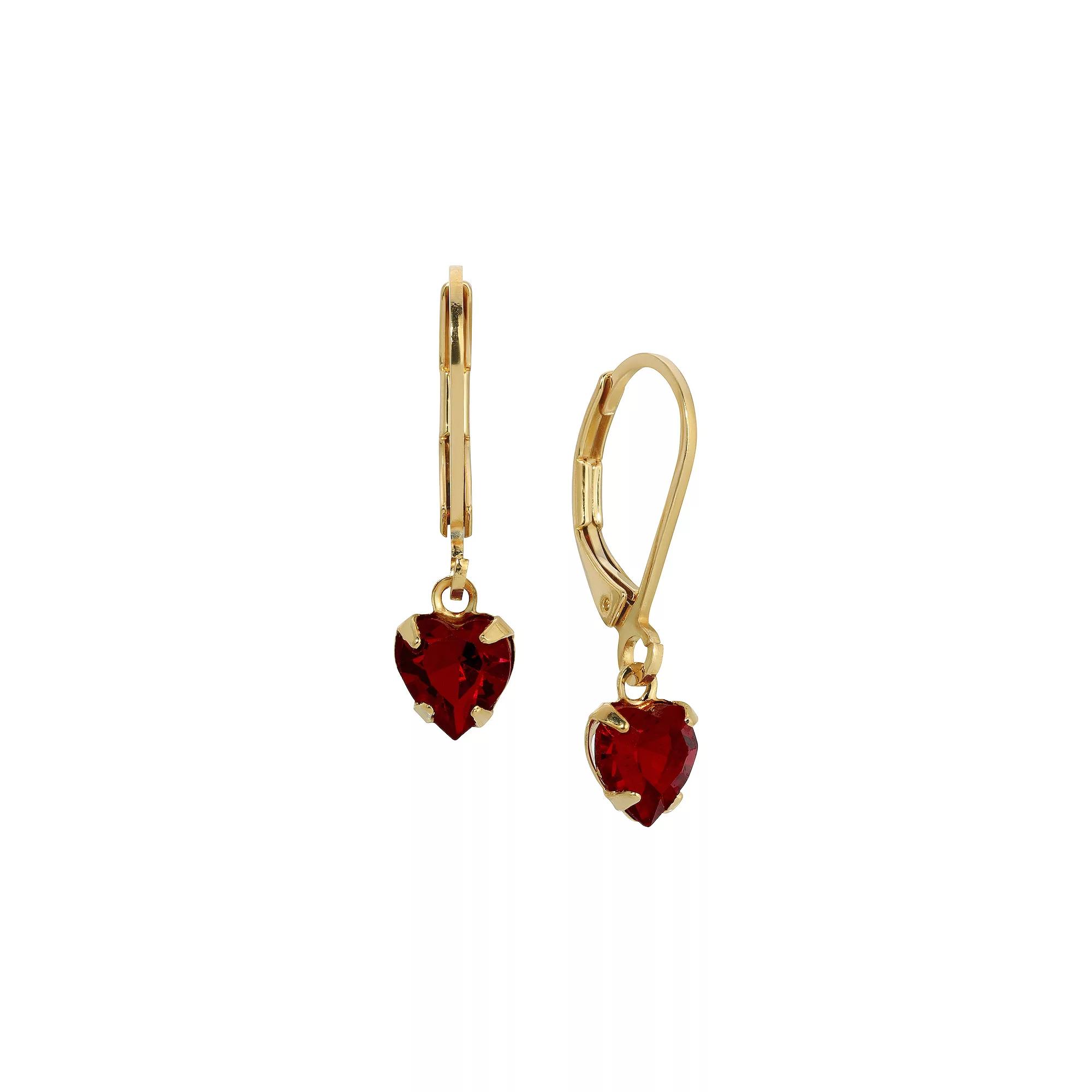 1928 Gold Tone Crystal Heart Drop Earrings, Women's, Red Product Image