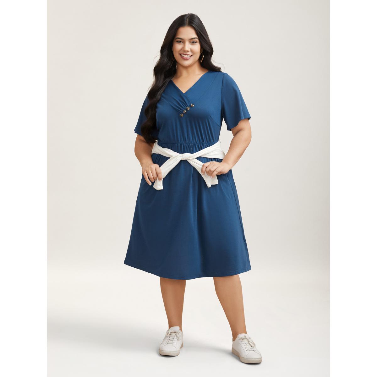 Plus Size Button Detail Pleated Pockets Midi Dress Mediumblue Women Casual Gathered V-neck Short sleeve Curvy BloomChic 18-20/2X Product Image