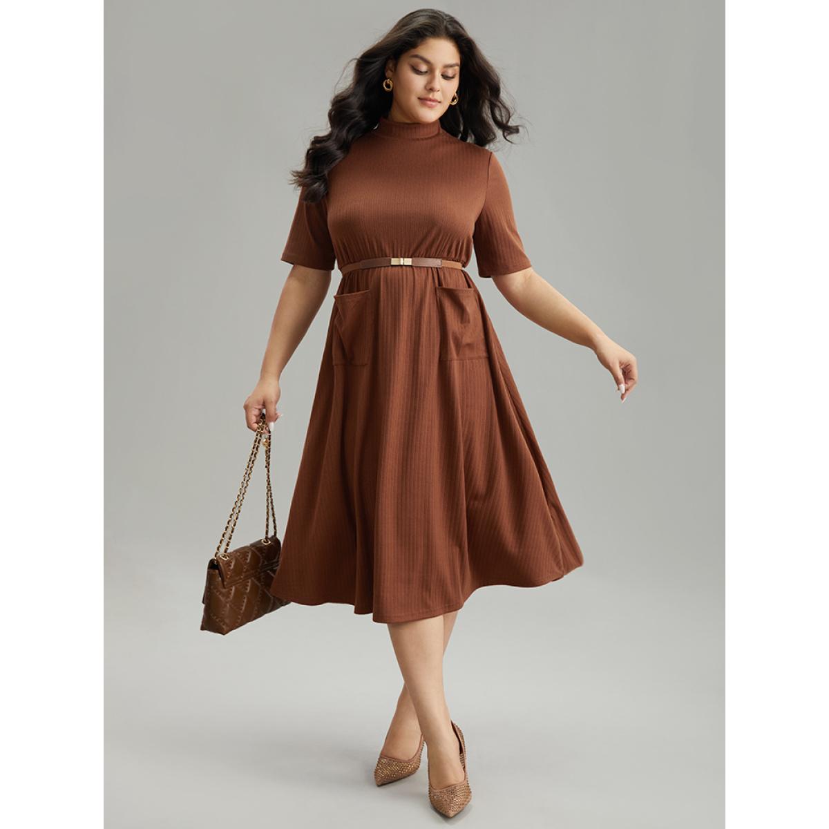 Plus Size Solid Rib Knit Mock Neck Pocket Dress Chocolate Women Office Plain Mock Neck Short sleeve Curvy Midi Dress BloomChic 22-24/3X Product Image