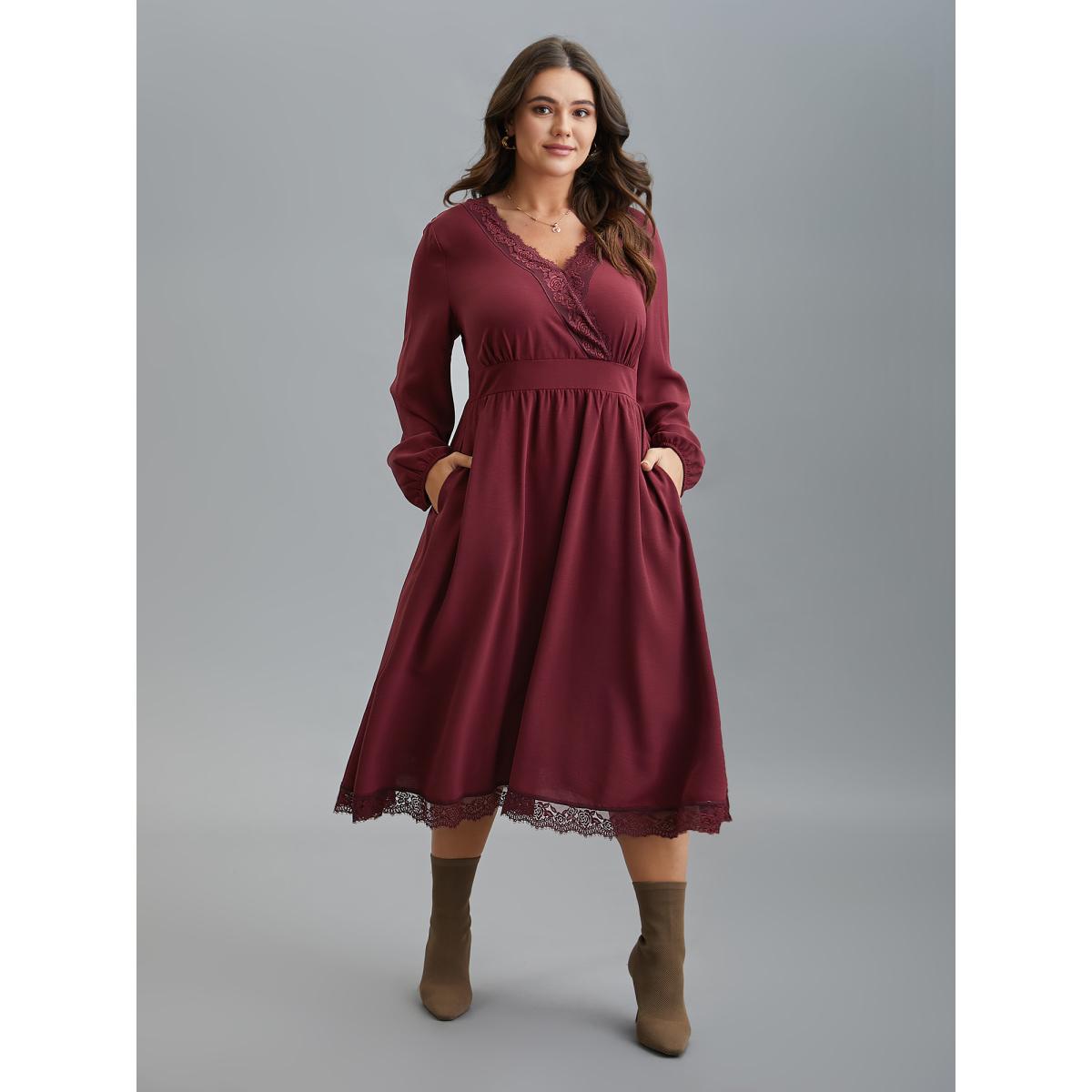 Plus Size Lace Detail Surplice Neckline Midi Dress Burgundy Women Elegant Woven ribbon&lace trim Overlap Collar Long Sleeve Curvy BloomChic 10/M Product Image
