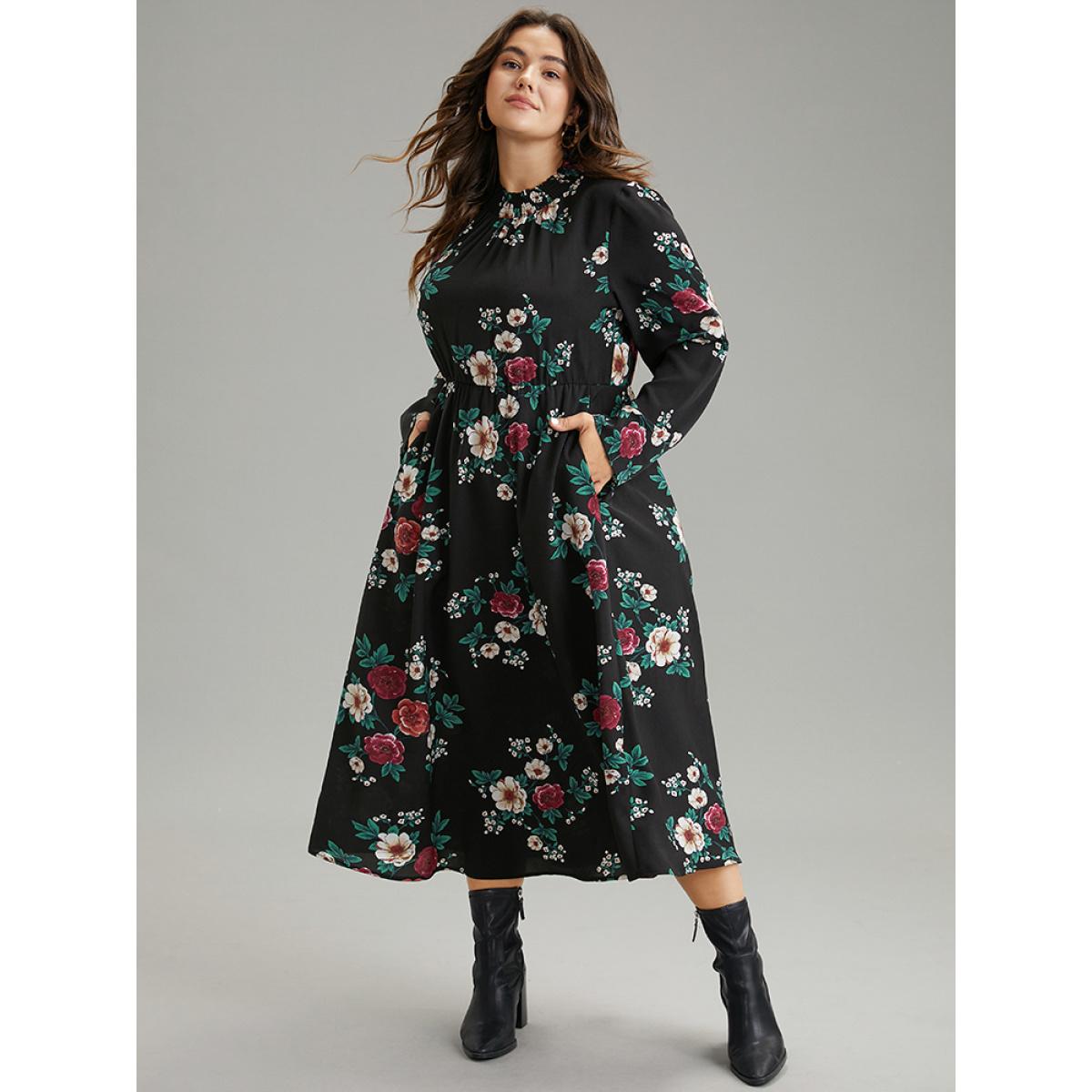 Plus Size Floral Print Shirred Mock Neck Dress Black Women Elegant Printed Mock Neck Long Sleeve Curvy Midi Dress BloomChic 26/4X Product Image