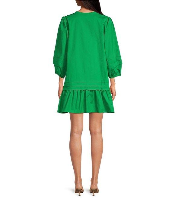 Sugarlips Velma Poplin Split V-Neck 3/4 Sleeve Ruffle Hem Mini Dress Product Image