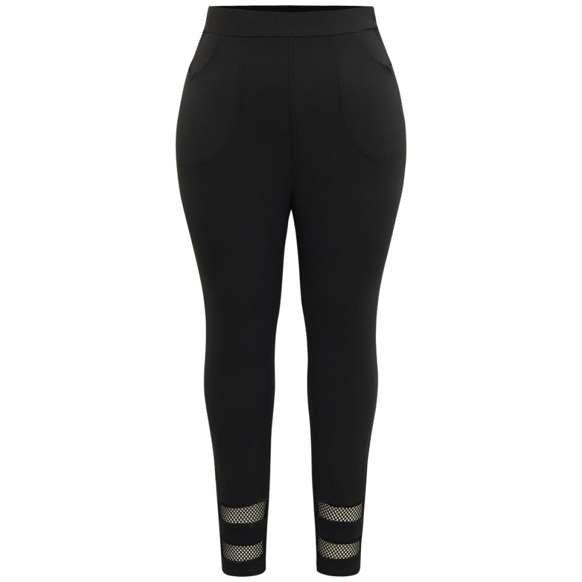 Plus Size Plain Lace Patchwork Cut Out Legging Women Black Casual High stretch Skinny High Rise Dailywear Leggings BloomChic 30/6X Product Image