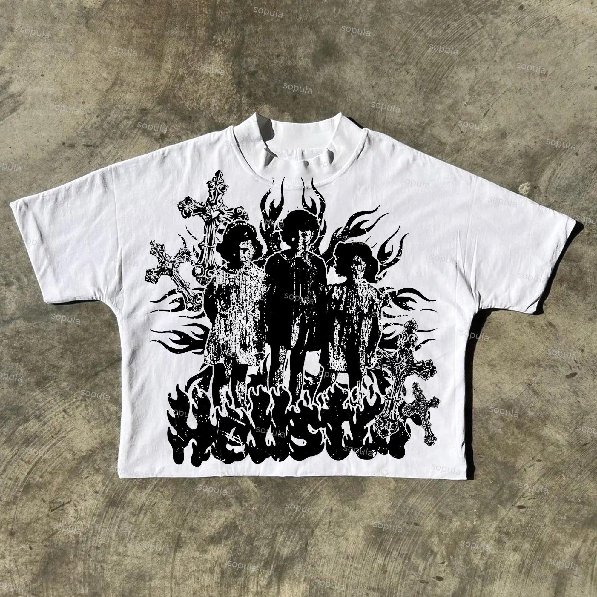 Sopula Flame Character Cross Peace Destruction Old Retro Graphics Cotton Cropped T-Shirt Product Image