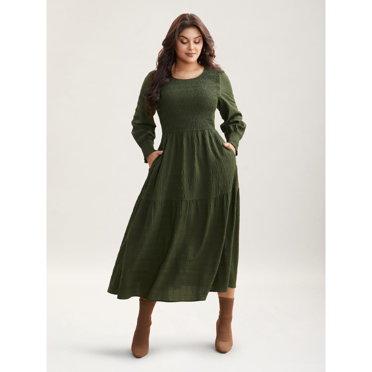 Plus Size Plain Textured Shirred Midi Dress Moss Women Timeless Texture Round Neck Long Sleeve Curvy BloomChic 30/6X Product Image