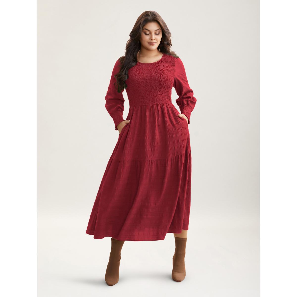 Plus Size Plain Textured Shirred Midi Dress Moss Women Timeless Texture Round Neck Long Sleeve Curvy BloomChic 30/6X Product Image