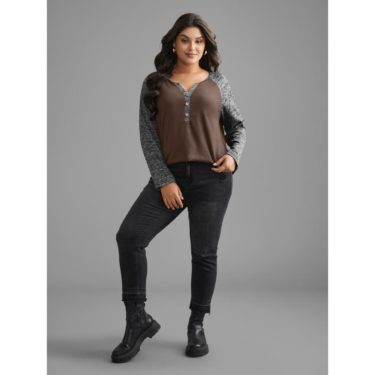 Plus Size Heather Patchwork Button Detail Stretchy T-Shirt DarkBrown Women Casual Contrast Flat collar with V-notch Everyday T-shirts BloomChic 12/L Product Image