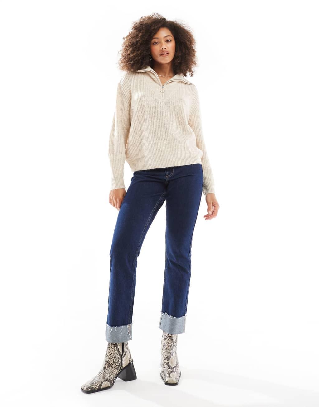 ONLY quarter zip knitted sweater in cream   Product Image