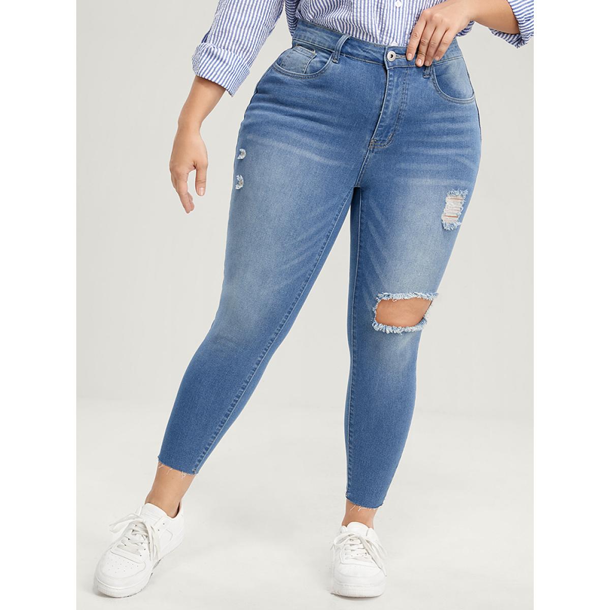Plus Size Skinny Very Stretchy High Rise Medium Wash Distressed Jeans Women LightBlue Casual Plain High stretch Pocket Jeans BloomChic 14/1X Product Image