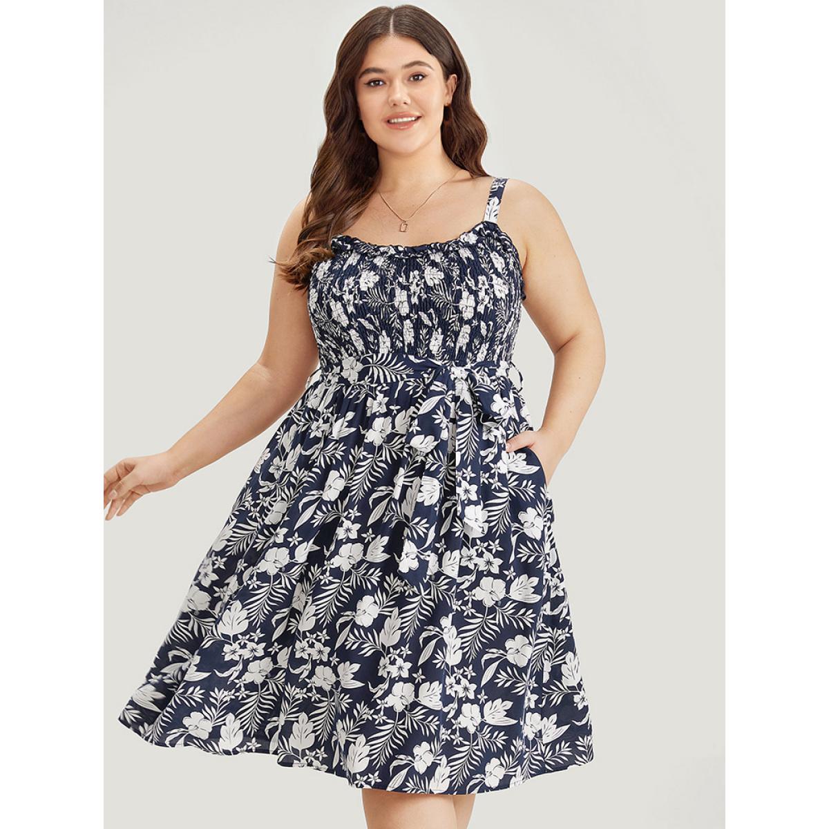 Plus Size Floral Print Spaghetti Strap Shirred Belted Pocket Dress DarkBlue Women Elegant Belted Spaghetti Strap Sleeveless Curvy Midi Dress BloomChic 30/6X Product Image