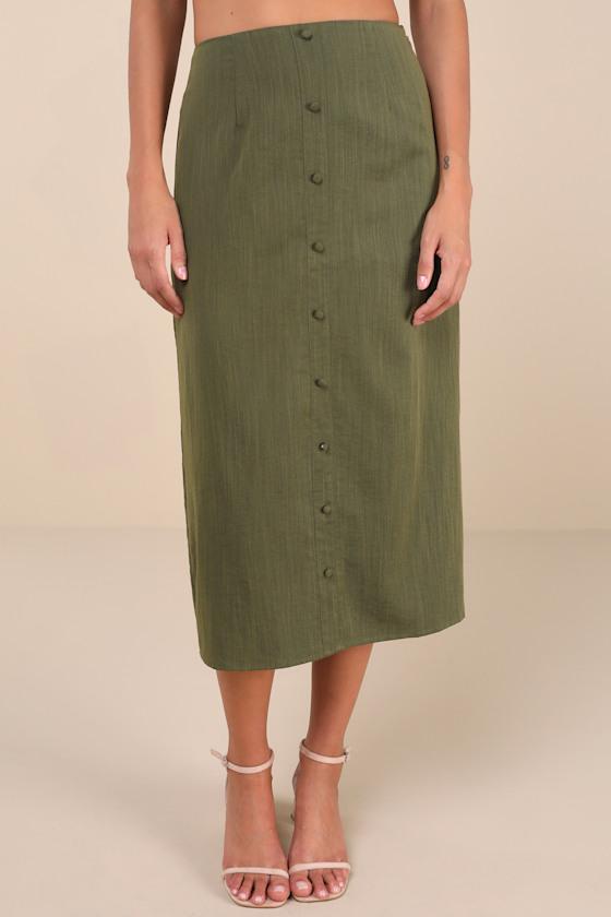 Composed Personality Olive Green Button-Front Midi Skirt Product Image