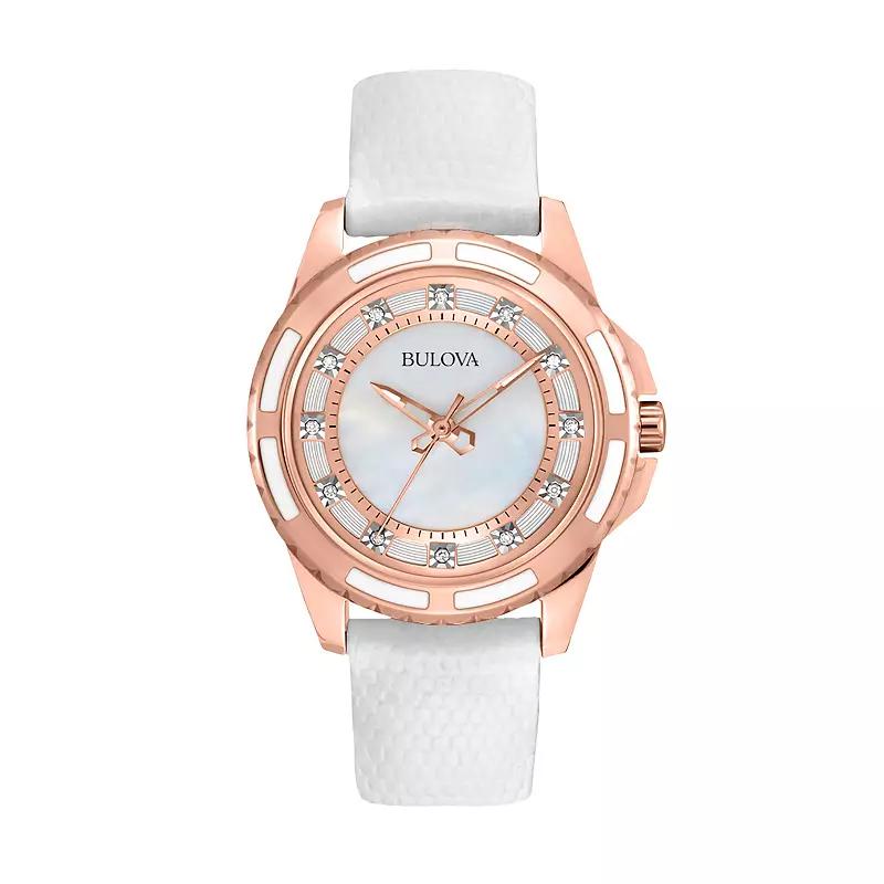 Bulova Stainless Steel Rose Gold Tone Diamond Accent & Mother-of-Pearl Leather Watch - 98P119 - Women, Women's,  Product Image