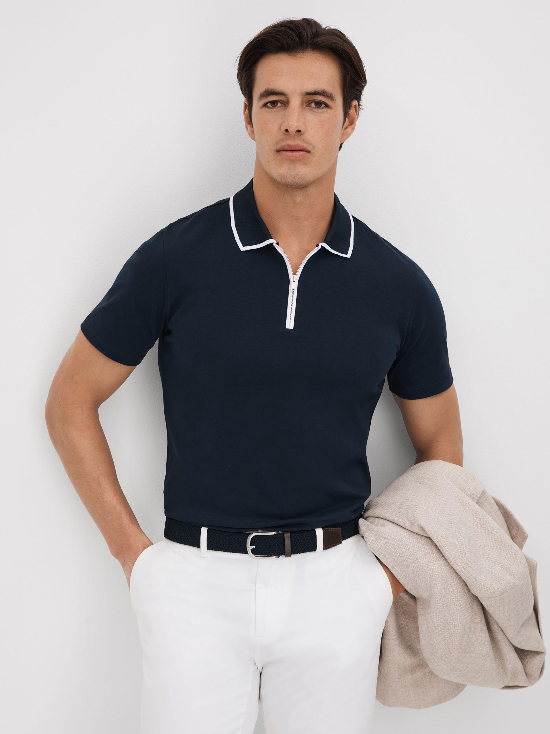 Cotton Contrast Collar Half-Zip Polo Shirt in Navy Product Image