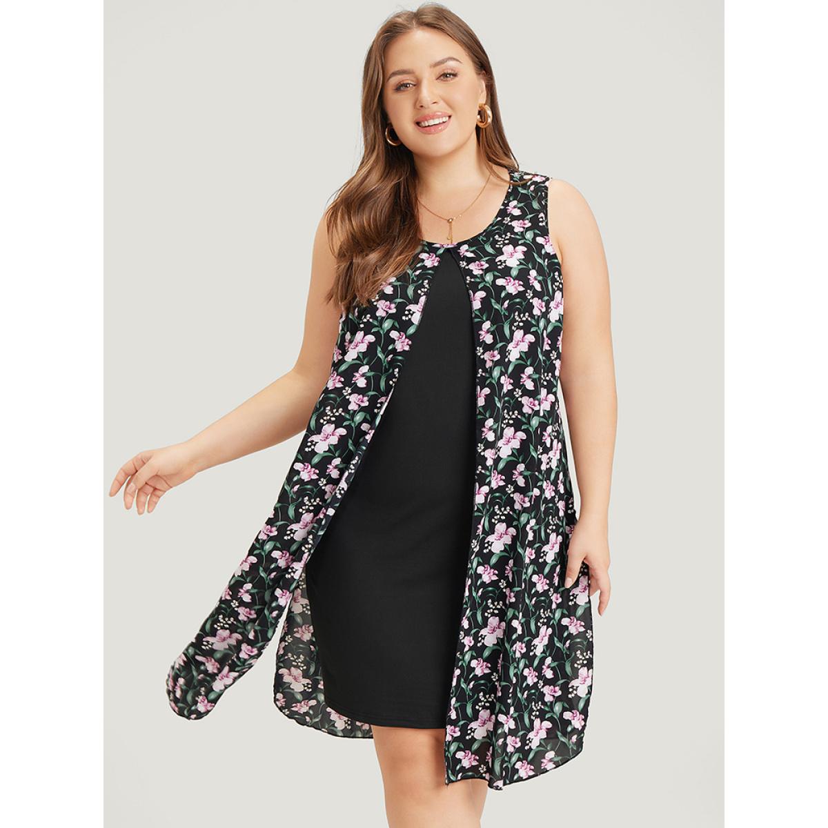 Plus Size Floral Patchwork Round Neck Split Hem Tank Dress BlackFlower Women Elegant Patchwork Round Neck Sleeveless Curvy Knee Dress BloomChic 14-16/1X Product Image