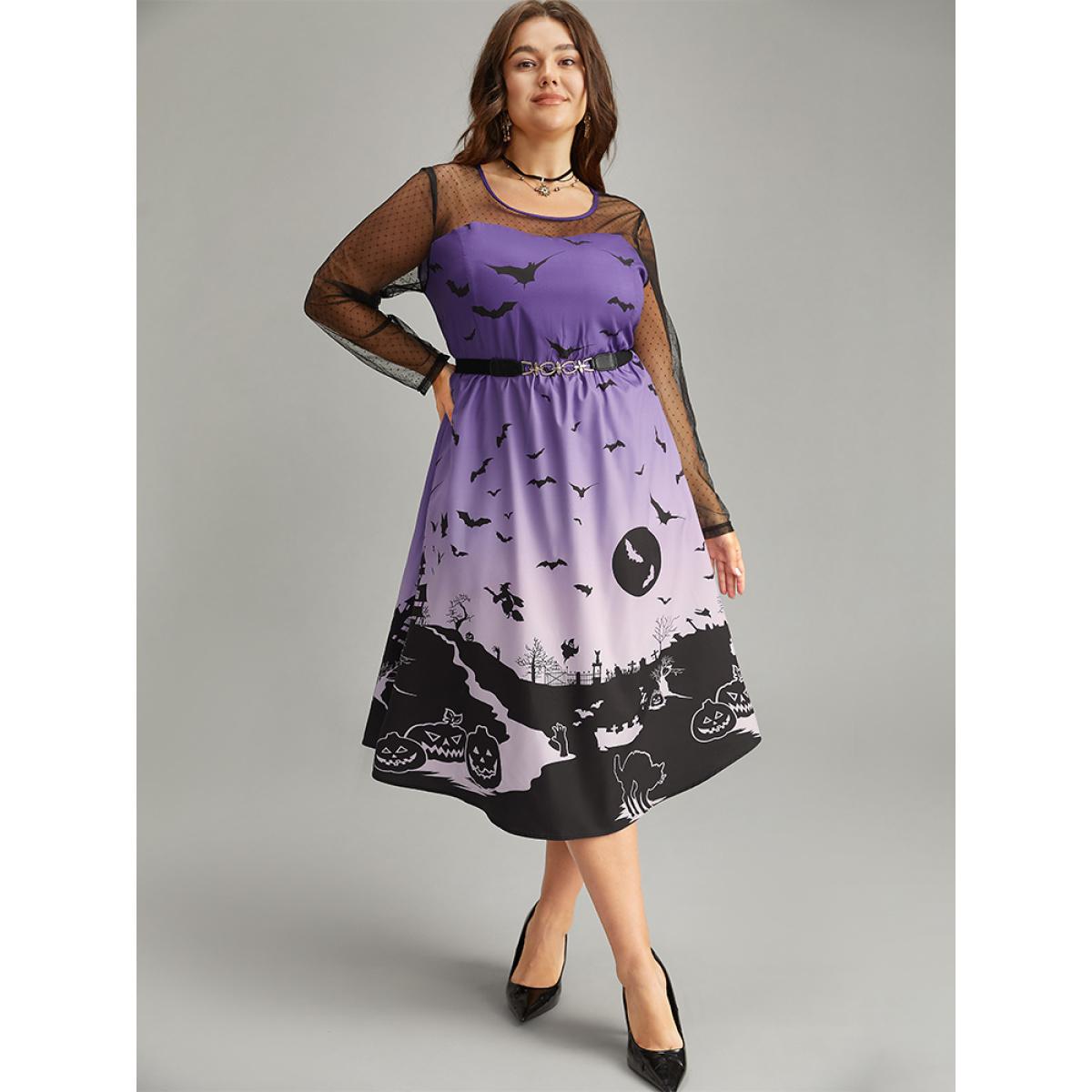 Plus Size Halloween Graphic Pocket Mesh Patchwork Dress Purple Women Elegant See through Round Neck Long Sleeve Curvy Midi Dress BloomChic 18-20/2X Product Image