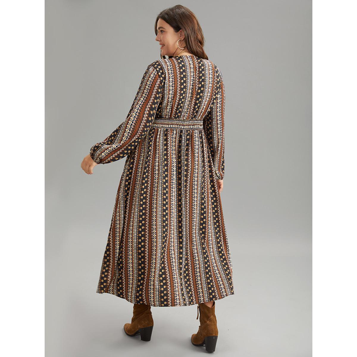 Plus Size Bandana Print Wrap Shirred Dress Multicolor Women Boho Elastic cuffs V-neck Long Sleeve Curvy Midi Dress BloomChic 30/6X Product Image